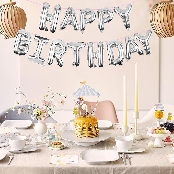 Silver Happy Birthday Balloons Banner (3D Silver Lettering) Mylar Foil Letters | Inflatable Party Decor and Event Decorations for Kids and Adults | Reusable, Ecofriendly Fun