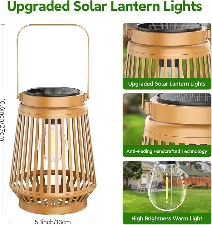 Solar Lanterns Outdoor Waterproof Brighter Up to 12 Hrs Outdoor Hanging Solar Lights, Retro Metal Outside Lanterns Auto On/Off, Solar Powered Lanterns Lighting LED for Garden Patio Yard Decor 2 Pack