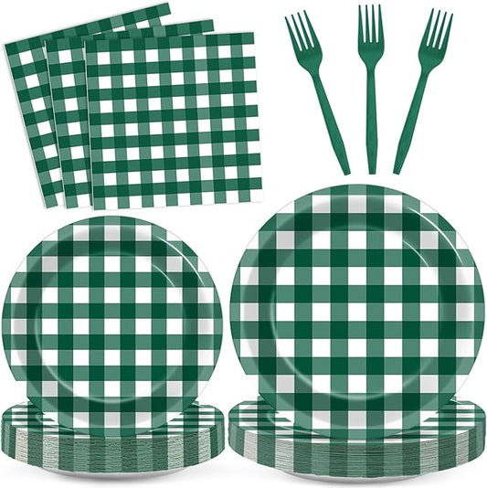 96Pcs Green Gingham Party Decorations Green and White Checkered Birthday Themed Tableware Gingham Plaid Plates Napkins Forks Picnic BBQ Dinnerware Supplies for Baby Shower Birthday Serves 24 Guests