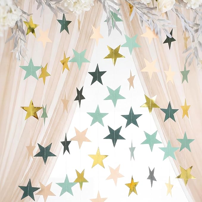 Patelai 130 Feet Glitter Star Garland Banner 2026 Party Decoration Double Side Star Hanging String Streamer Paper Twinkle for Graduation Wedding Birthday (Dark Green,Gold,Yellow,Light Green,Apricot)