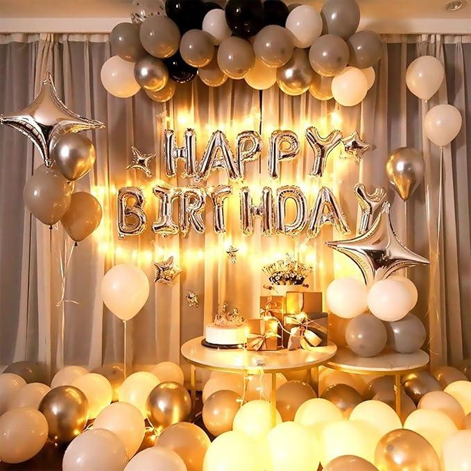 CANREVEL Happy Birthday Banner 13pcs 16 Inch Mylar Foil Letters Sign Balloons with LED Lights Birthday Party Decorations for Kids and Adults - 3D Silver