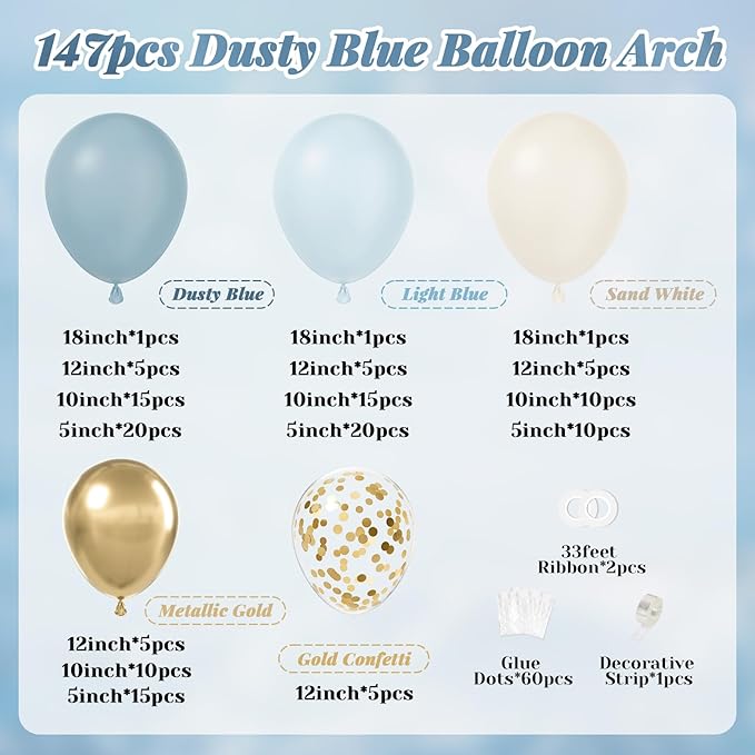 147pcs Dusty Blue Balloon Garland Arch Kit, Light Baby Blue Sand White Metallic Gold Confetti for Birthday Wedding Bridal Shower Boho Baby Shower Party Decorations