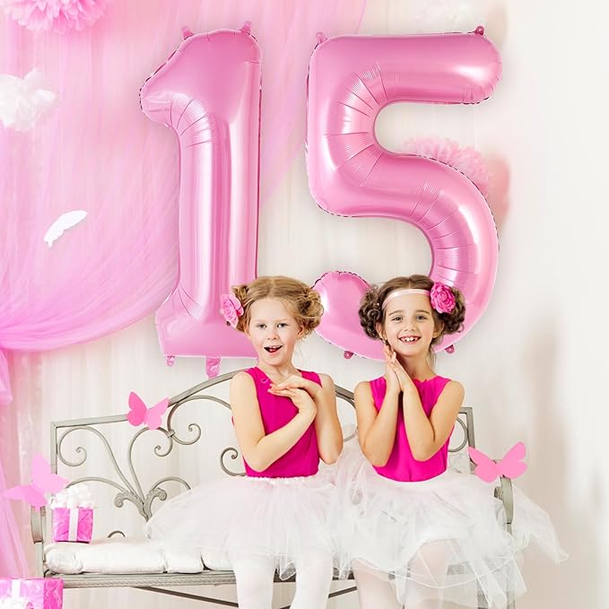 Pink Number 15 Balloon, 40 Inch Big Large Foil Helium Number Balloons, Giant Mylar Number 15 Balloons for 15 Year Old Birthday Party Decorations Supplies Anniversary