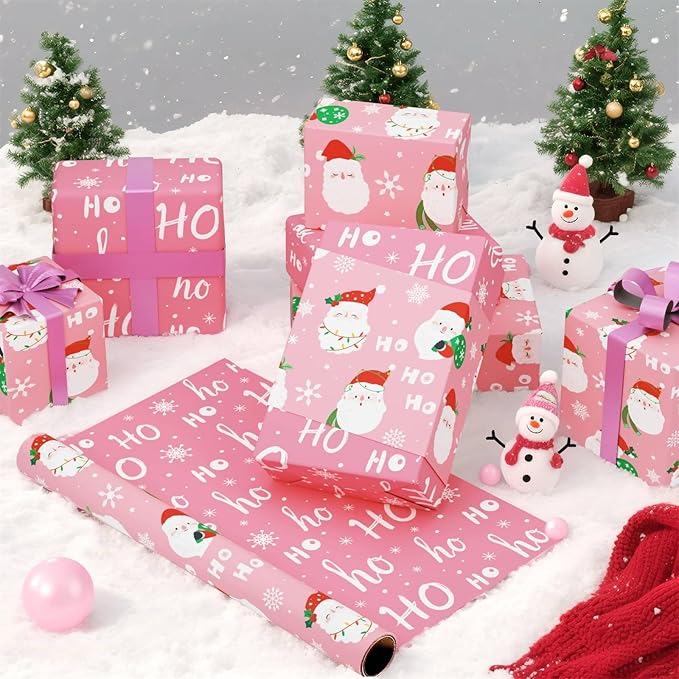 WERNNSAI Christmas Wrapping Papers - 1 Roll 17”x 33 ft Santa Claus Gift Wrapping Paper Reversible Christmas Wraps Supply for Kids Boys Girls HOHO Design Pink Gift Wrap for Winter Holiday Present