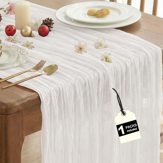 IVAPUPU 1 Pcs Cheesecloth Table Runner - 10ft Ivory White Spring Boho Gauze Cheese Cloth Table Runners for Baby Shower Decorations Wedding Party Garden Farmhouse