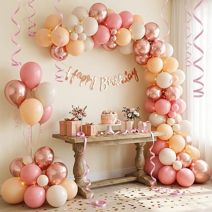 RUBFAC 65pcs 12 Inches Retro Pink Balloons Metallic Blush Rose Gold White Sand Nude Party Balloons with Ribbons for Birthday, Wedding, Baby Shower, Graduation Decorations