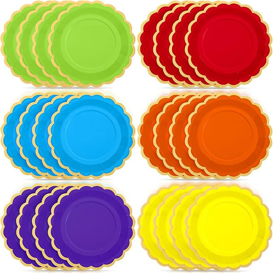 48 Pcs Rainbow Paper Plates 9 Inch Colorful Scalloped Paper Disposable Dinner Dessert Plates for Birthday Wedding Bridal Party Supplies, 6 Colors