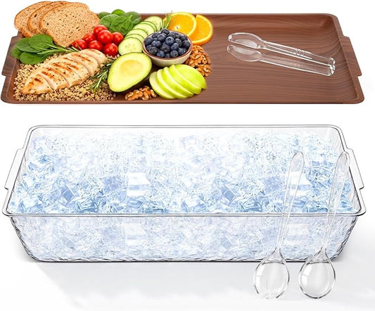 Baderke 1 Set 16" x 9" Chilled Serving Tray for Parties with Compartments Ice Chilled Party Crudite Platter Charcuterie Serving Board Cold Dish Dip Tableware for Seafood Vegetable (Dark Wood)