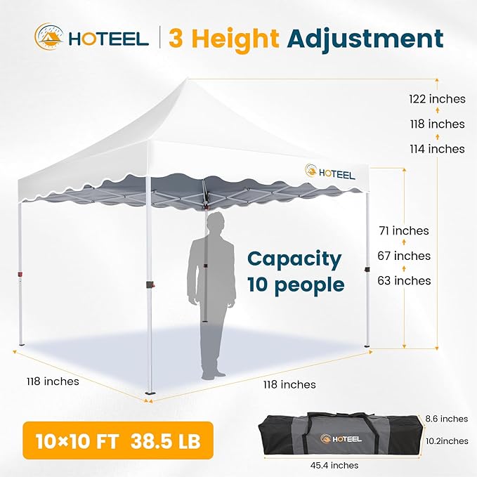 Hoteel 10x10 Pop Up Canopy Tent | One Person Setup Outdoor Shade, UPF 50+ and Waterproof, 210D Oxford Top, 3 Heights Adjustable, 600D Carry Bag for Beach, Events, Commercial Use (White)