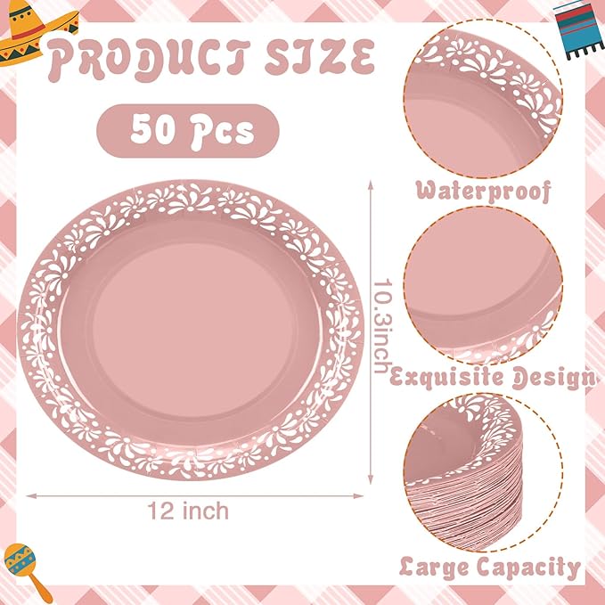 Yungyan 50 Pcs 12 Inch Pink Cielito Lindo Plates Mexican Paper Plates Platos De Barro Cielito Lindo Party Favors for Talavera Baby Shower Birthday Wedding Party Decoration