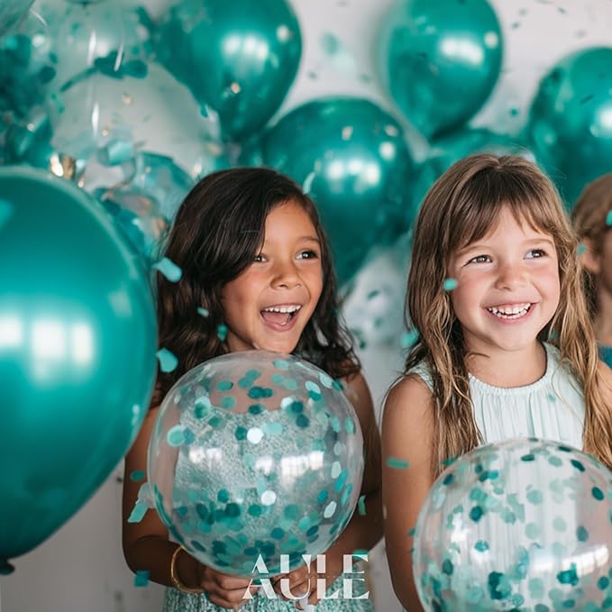 AULE Party Balloons Pack of 42 - Metallic Green Balloons & Confetti Balloons and 64ft Ribbons - 12 Inch Teal Green Balloon Decorations Set