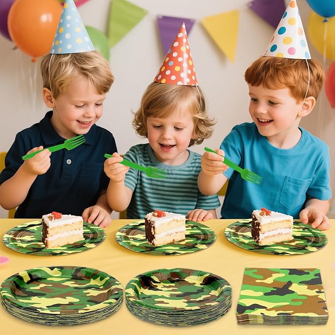 Camo Party Supplies - Army Party Tableware - Dinner Plates, Dessert Plates, Napkins, Forks for Boy Camouflages Hunting Military Party Supplies, Serves 25