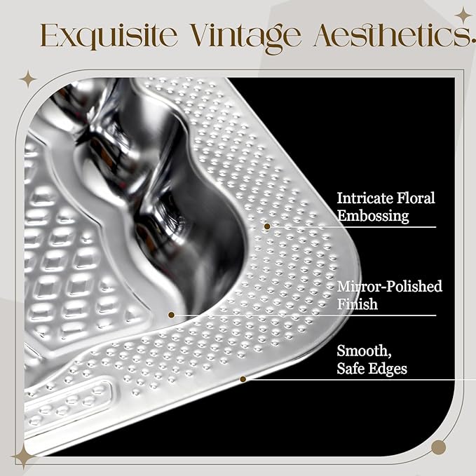 4 Pack 15.8" x 11.6" Large Silver Serving Trays for Dessert Table Stainless Steel Platters Floral Engraved Mirror Serving Platters for Wedding, Desserts, Party Food Display (Retro)