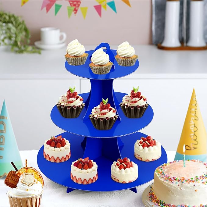 Soleebee 3-Tier Round Cupcake Stand, Cardboard Cupcake Tower, Dessert Cup Cake Stand Tower for Birthday Wedding Party Decoration, Cupcake Tier Stand 2 Set (Dark Blue)