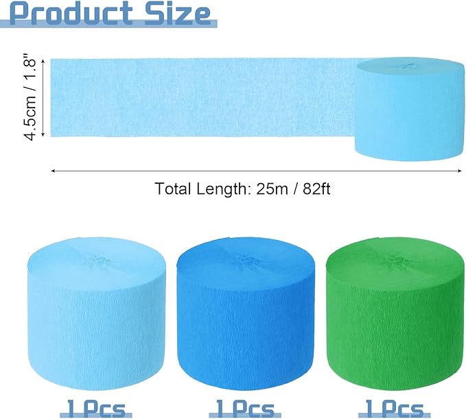 MECCANIXITY 3 Roll 246 ft Crepe Paper Streamers, Wedding Decoration Streamers Party Decoration for Wedding Valentine's Day Festival Backdrop, Green,Sky Blue,Light Blue