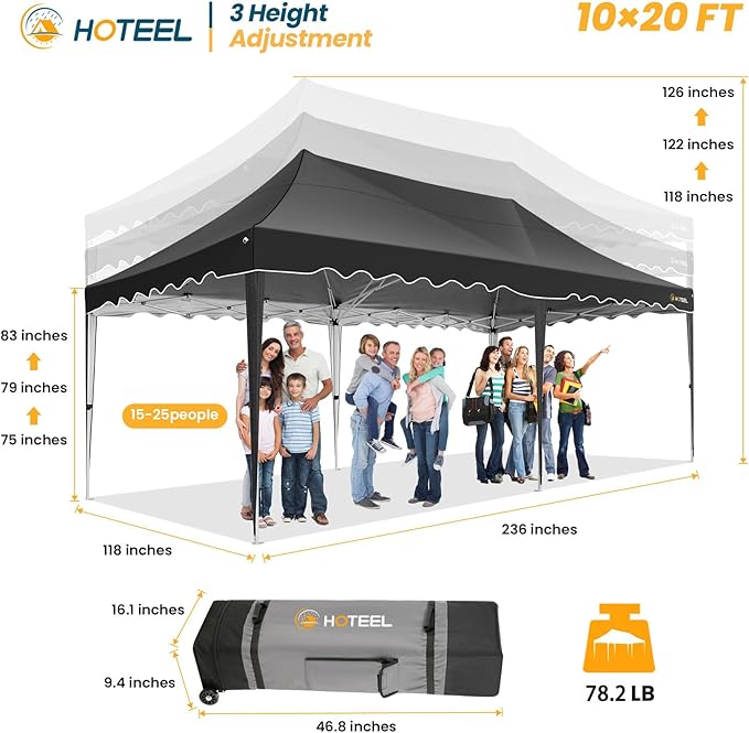 HOTEEL 10x20 Pop up Canopy Tent with 6 Removable Sidewalls, Wave Hem Roof 10x20 Canopy with Wheel Bag and 4 Sandbag, Commercial Pop up Tent Waterproof Sunshade for Market Wedding Party Stall (Black)