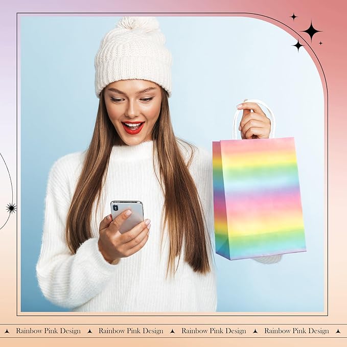 Humyoun 24 Pcs Pastel Gift Bags Pastel Rainbow Paper Treat Goodies Bags with Handles Candy Gifts Wrapping for Baby Shower Wedding Birthday Party Supplies