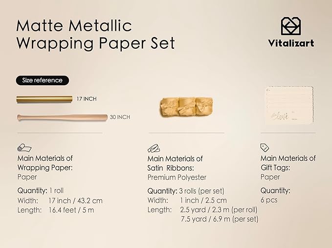 Vitalizart Gold Matte Metallic Wrapping Paper Set 17" With Silk Satin Ribbon & Gift Tags Christmas Gift Wrapping Birthday Baby Shower Wedding Bouquets Handmade Crafts 197"(16.4 Ft) Gold Ribbon