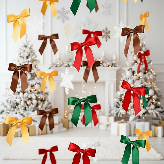 Taobary 8 Pcs 6.6 ft Bow Garland, Satin Ribbon Bow Banner Coquette Hanging Ornament for Photo Backdrop Birthday Party Wedding Bridal Baby Shower Wall Decorations(Red and Green,1 Inch)