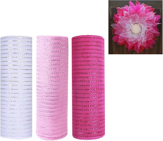 3 Rolls White Pink Deco Mesh Ribbon for Wreath Making Supplies, 10 Inch x 30FT Metallic Foil Burlap Deco Mesh Fabric for Valentines Day Christmas Wedding Wreath Swags and Decorating