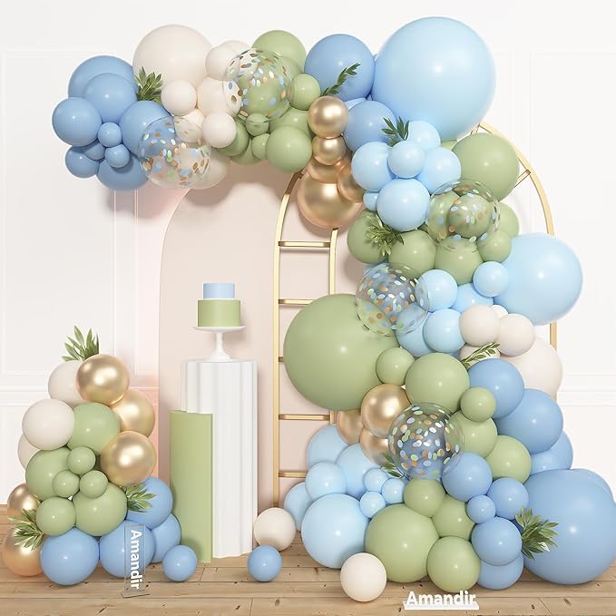 Amandir 153pcs Sage Green and Blue Balloon Garland Arch Kit, Different Sizes 18 12 10 5 inch Dusty Blue Sand White Latex Confetti Balloons for Boho Bridal Shower Birthday Party Decorations
