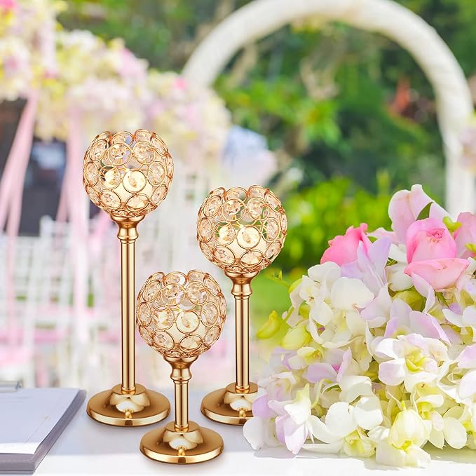 Mimorou 12 Pack Crystal Candle Holders Gold or Silver Candle Holders Bulk Tealight Candlestick Crystal Candelabras for Wedding Party Valentine Christmas Dining Table Centerpieces Decoration (Gold)