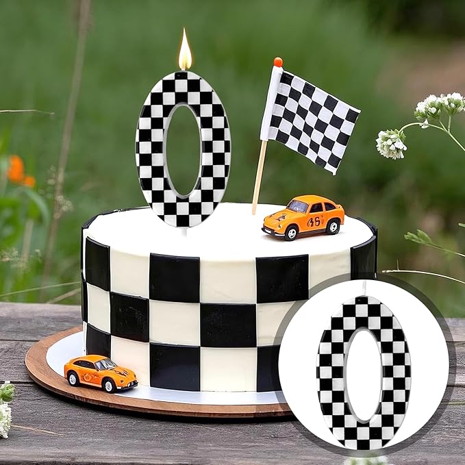 Racing Cars Themed Birthday Candle, Checkered Flag Number Candles Black and White Candles Happy Birthday Cake Topper Party Decorations for Boys Racing Cars Themed Party Supplies (Number 0)