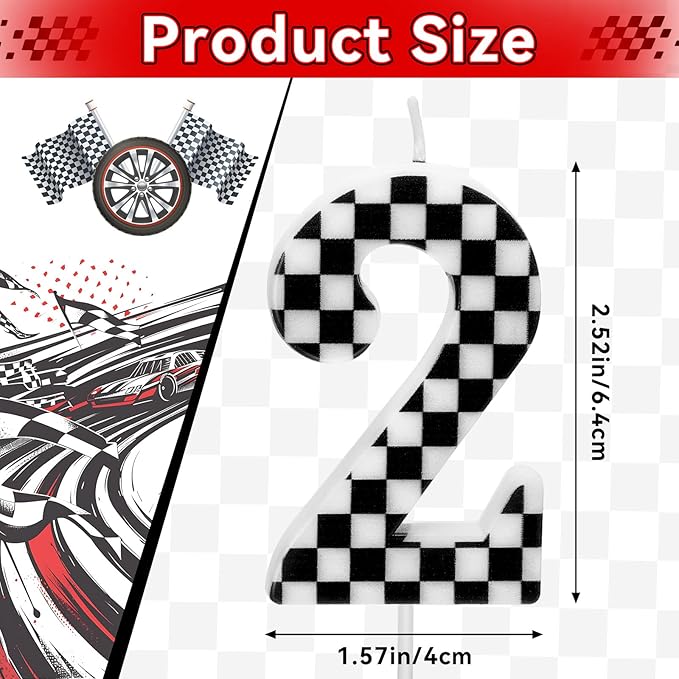 Racing Car Themed Birthday Candles, Number 2 Checkered Candles, Black & White Checkered Cake Topper, Cool Racing Themed Party Supplies, Special Candle