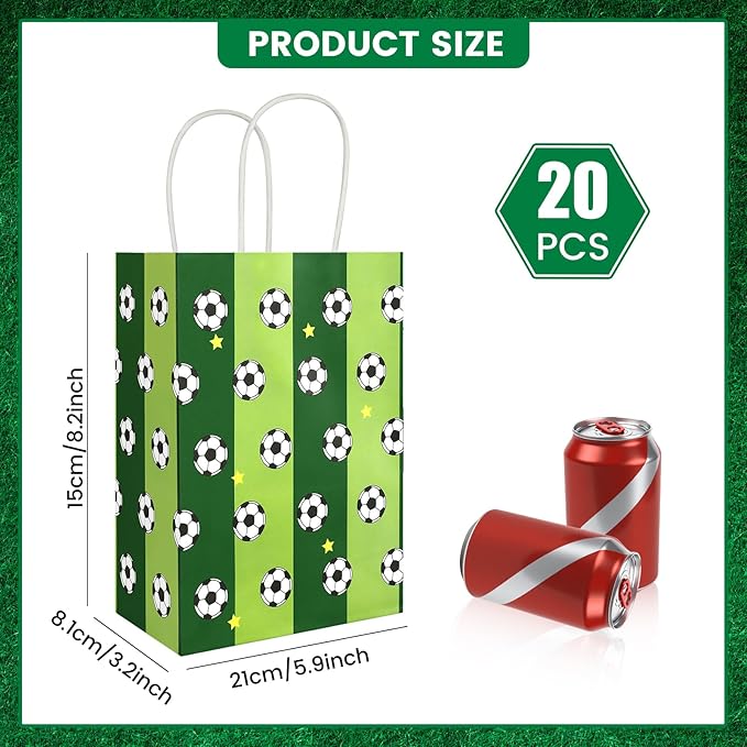 Ethanberg 20Pcs White Soccer Party Favor Bags with Handles, Soccer Themed Kraft Paper Gift Bags Candy Snack Bag, Green Goodie Bag for Sport Team Ball Events Theme Birthday Party Supplies