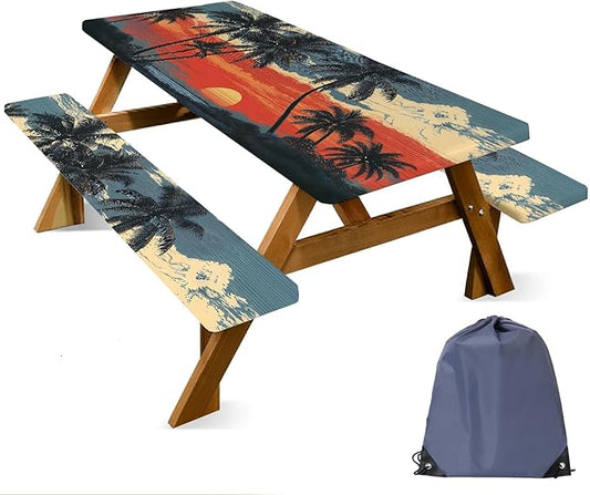 ANNA QUEEN Sunset Summer Flower Picnic Table Cover 6FT with Bench Covers Picnic Table Cover Set 3PCS 72"x30", Outdoor Bench and Tablecloth Furniture Protection