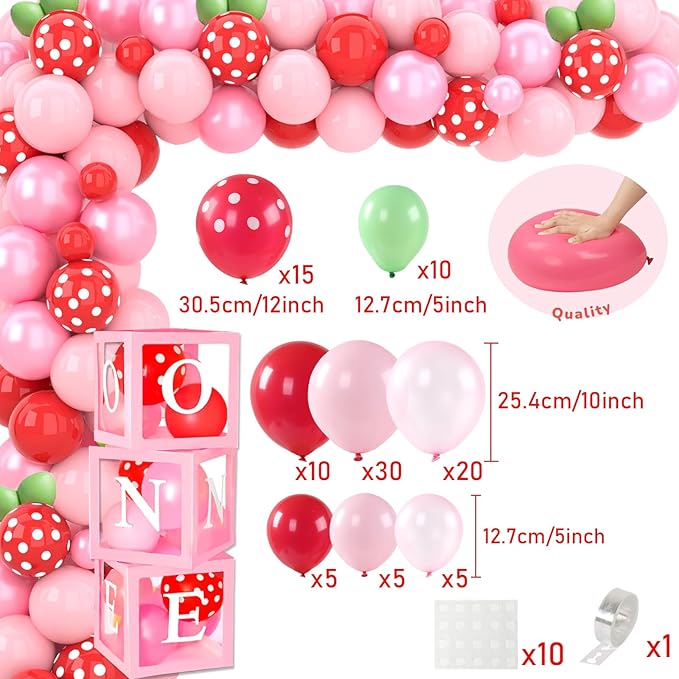 Berry First Birthday Decor, Strawberry 1st Birthday Decorations for Girls with Balloon Arch Kit Berry First Theme Balloon Boxes Crown Strawberry Cake Toppers Photo Banner Girl 1st Party supplies