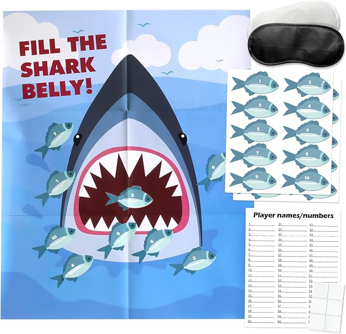 PARTYLOUD Shark Party Games, Pin The Fish on The Shark, Shark Party Games Party Birthday Party Fun Games Supplies Decorations Decor for Kids Families Adult Groups