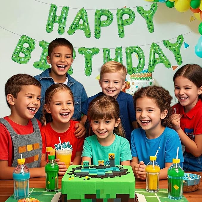 Green Pixel Miner Theme Happy Birthday Balloons Banner 16 Inch Letters, Inflatable Party Decor and Birthday Decorations for Women, Men, Boys & Girls Kids and Adults, Party Supplies