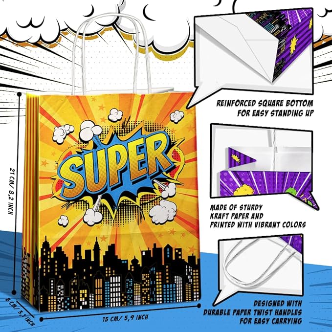 24 Pcs Hero Party Favor Bags with Handles - Hero Goodie Bags, Gift Bags. Comic Hero Theme Candy Bags for Kids, Kraft Paper Bags for Birthday Party Supplies and Baby Shower Decorations.