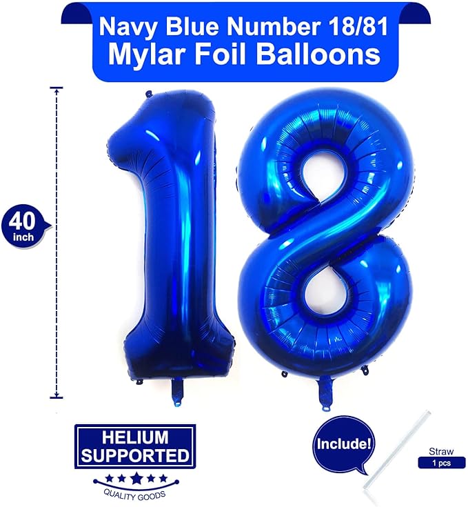 40 Inch Navy Blue 18 Number Balloons Giant 18 Balloons Navy Blue Birthday 18 Balloons 18th Birthday Anniversary Party Decorations Supplies