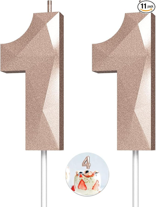 Number Birthday Candles(11 Candle Rose Gold) 3D Diamond Shape Number Happy Birthday Cake Candles for Birthday Party Wedding Decoration Reunions Theme Party