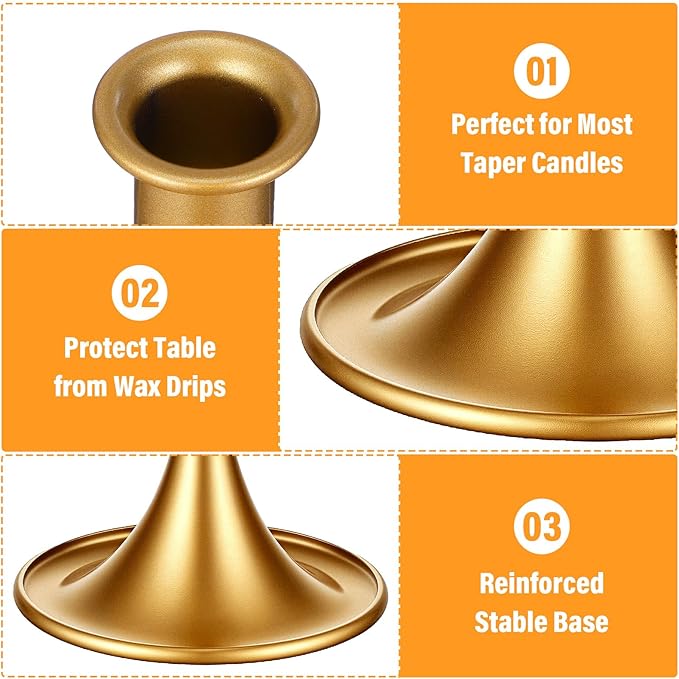 12 Pcs Gold Candle Holders Candlestick Holders, Gold Brass Color Vintage Candle Taper Holder for Table Centerpiece, Wedding Reception, Festive Christmas Mantel Decoration or Home Decor