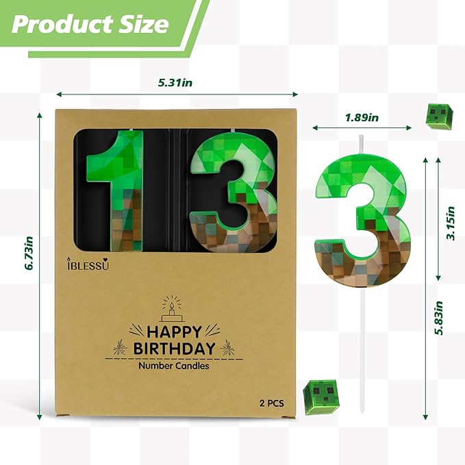 Pixel Birthday Candle, 2.68 Inch Miner Number Candles, Game Themed Candle Birthday Decoration for Pixel Theme Birthday Anniversary Dynamite Video Game Party (Green, 13)