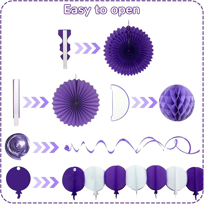 Purple Party Decorations, Birthday Party Supplies Easy Assembly Paper Fan Honeycomb Ball Garland Hanging Swirl for Graduation Birthday Baby Shower Bridal Shower Wedding Party Decorations
