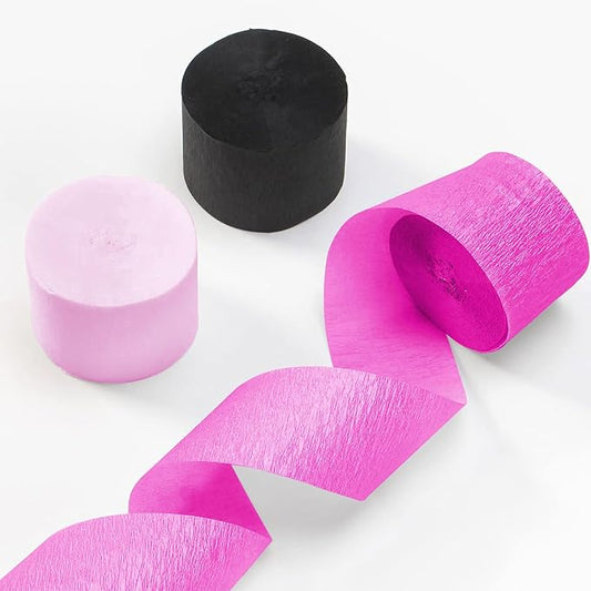 ZOOYOO Crepe Paper Streamers 6 Rolls 486ft,Hot Pink and Black Party Streamers Backdrop for Birthday,Wedding,Bridal,Baby Shower,Halloween,Girl Party Decorations