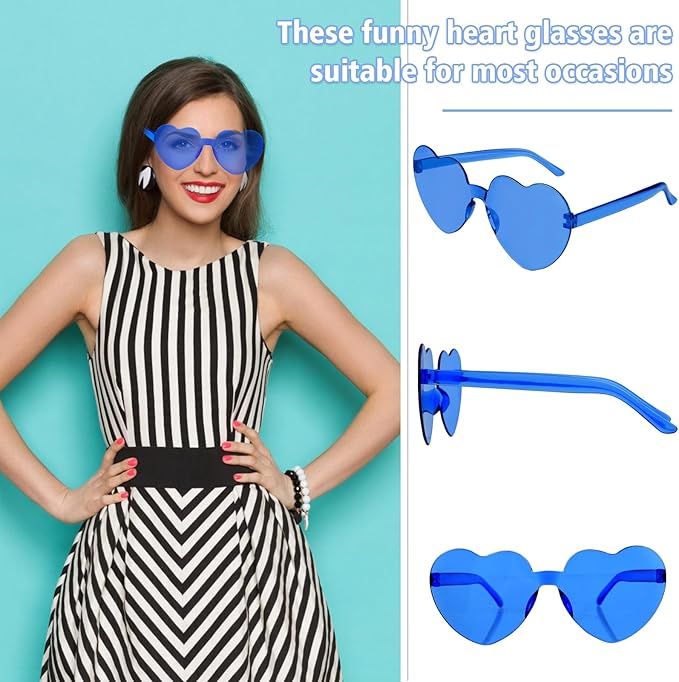 NACHLYNN 12 Pairs Blue Heart Sunglasses for Women Rimless Heart Shaped Sunglasses Candy Color Glasses for Party Favors