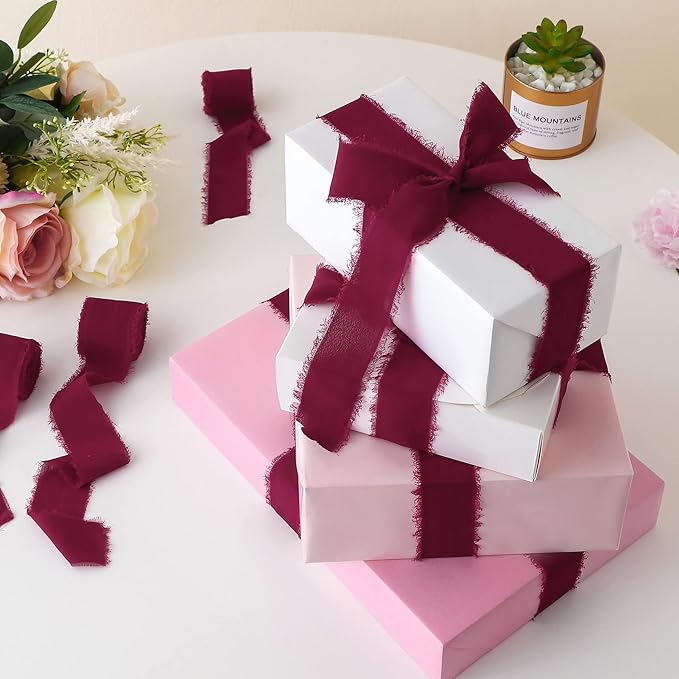 Ribbon, Burgundy Chiffon Ribbon for Flower Bouquet, Silk Ribbons for Crafts, 6 Rolls x 7Yd Each, 1 1/2 inch W x 42Yd Total, Wedding & DIY Crafts for Mothers Day