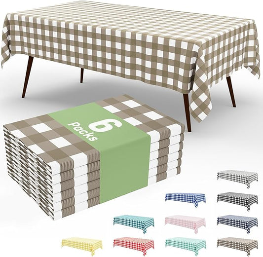 Smiry 6 Pack Khaki Gingham Disposable Tablecloths - 54" x 108" Heavy Duty Plastic Table Cloth, Waterproof Buffalo Plaid Table Covers for Picnic, Banquets, Outdoor Parties