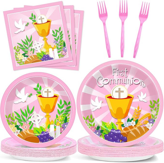 100 Pcs First Communion Plates and Napkins Baptism Decorations for Girl 1st Holy Communion Party Pink Disposable Paper Tableware for God Bless Christening Celebration Decor Baby Shower Serves 25