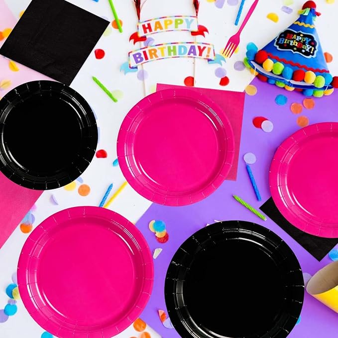 200Pcs Hot Pink and Black Birthday Decorations Hot Pink Party Plates and Napkins Disposable Heavy Duty Pink and Black Tableware Set for Valentine?™s Day Girls Women Birthday Bridal Shower Gender Reveal