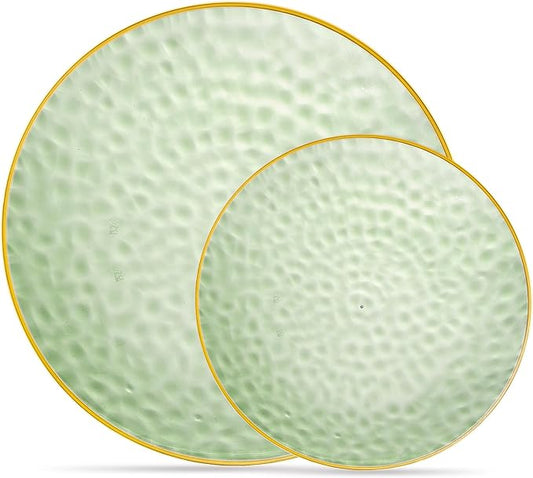 PLASTICPRO 64 Piece Combo Plates Set includes 32-7'' inch Plate & 32-10'' inch Plates Green Hammered Plastic PartyPlates Premium heavyweight Elegant, Disposable, Tableware, Dishes,