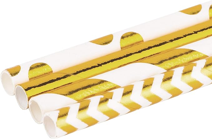 Paper Straws 200 Pack Biodegradable Gold 8.25" Straw for Everyday/Birthday Party/Bridal Shower/Wedding/Anniversary and Parties, 4 Beautiful Patterns, Long Lasting - by DuraHome (Gold)