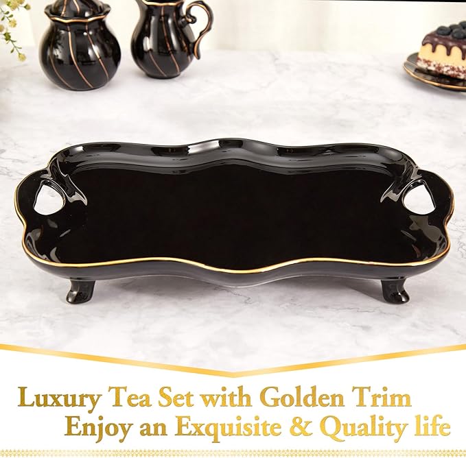 DUJUST Porcelain Serving Tray with Handles, Luxury British Style Coffee Table Tray with Golden Rim, Beautiful Tea Tray Decor for Living Room, Easy to Use & Clean - Black