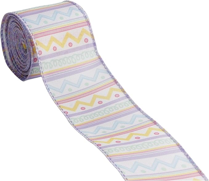 Meseey 2.5 Inch x 10 Yards Pastel Easter Chevron Wired Ribbon, Colorful Zigzag Wired Edge Ribbon for Easter Wreaths, Gift Wrapping, Easter Baskets, Crafts, Spring Party Decorations