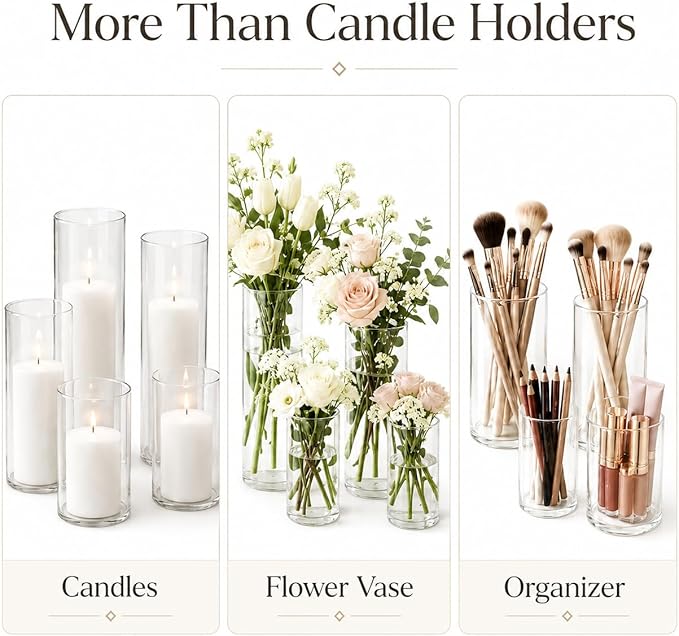 Set of 6 White Pillar Candles with Clear Glass Hurricane Holders- Elegant Cylinder Candle Vases for Weddings, Parties, Centerpieces, Home & Office Decor (White, 6 Set)